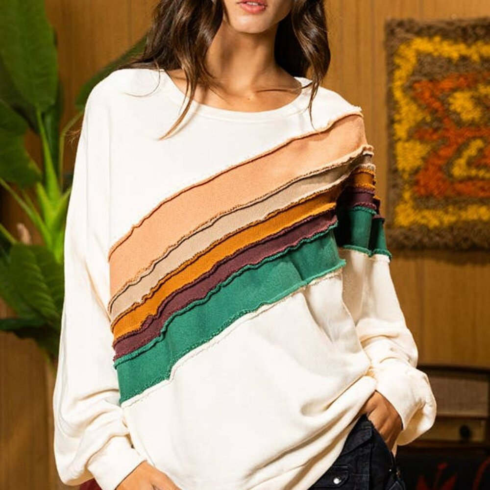 NWT: Bucketlist Cream Oversized Sweatshirt Retro 70s Stripe Pullover - Picture 3 of 5
